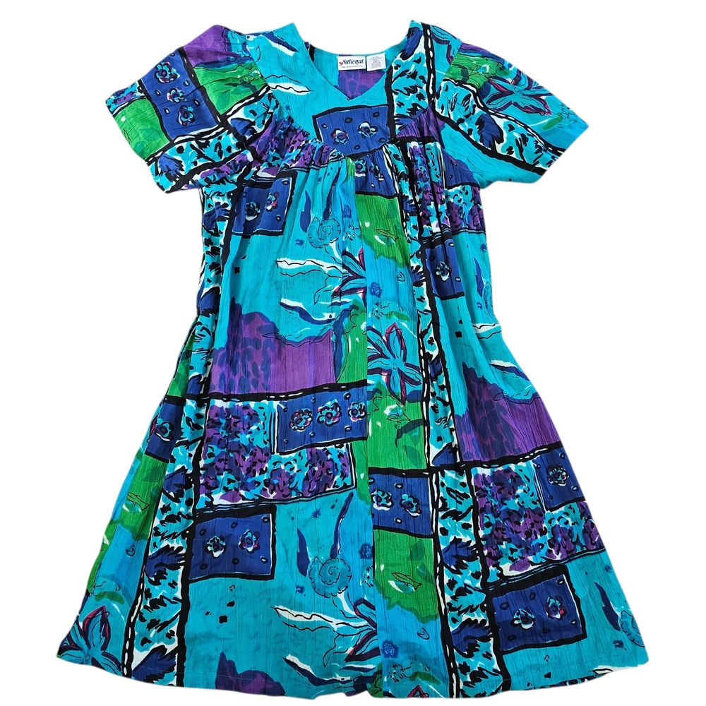 100% Cotton Lounger Dress 1X Teal Purple Floral Abstract Muu Muu Boho y2k